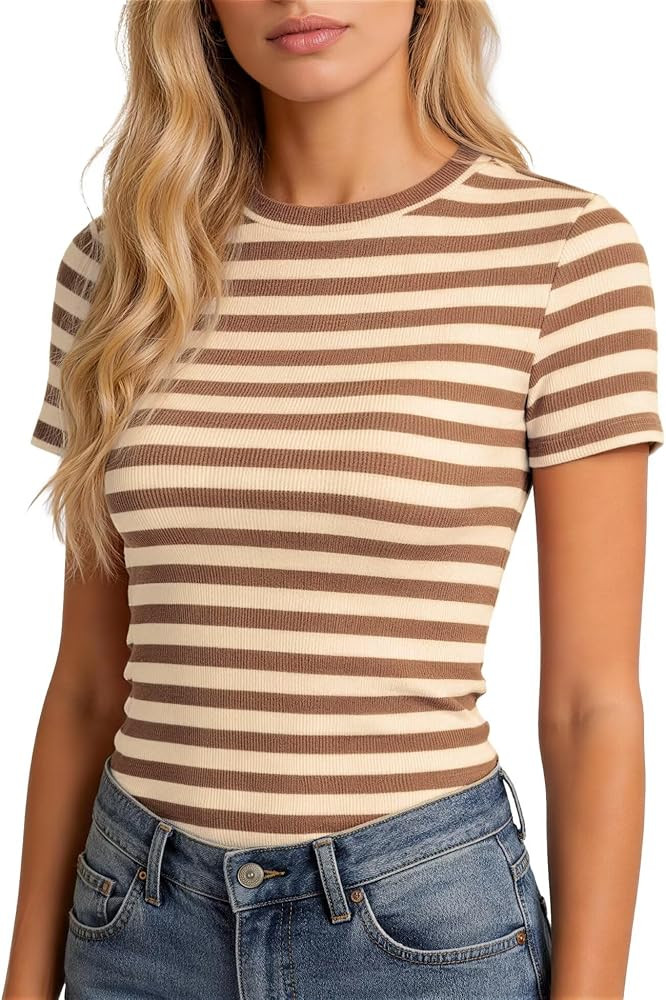 Striped Shirt Women Short Sleeve, Crewneck T-Shirts for Woman Stripes, Fitted Ribbed Tee Stretchy | Amazon (US)