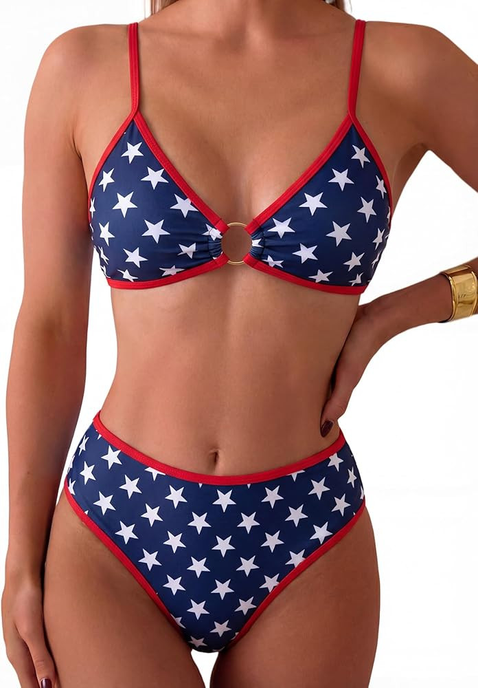 Tainehs Women's Two Piece Bikini Sets O Ring Front Top Ditsy Floral Triangle Swimsuits Cheeky Bat... | Amazon (US)