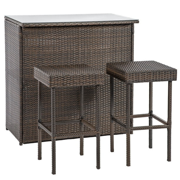 Outdoor Wicker Bar Chair Set 3PC Patio Furniture Glass Bar And Two Stools - Walmart.com | Walmart (US)