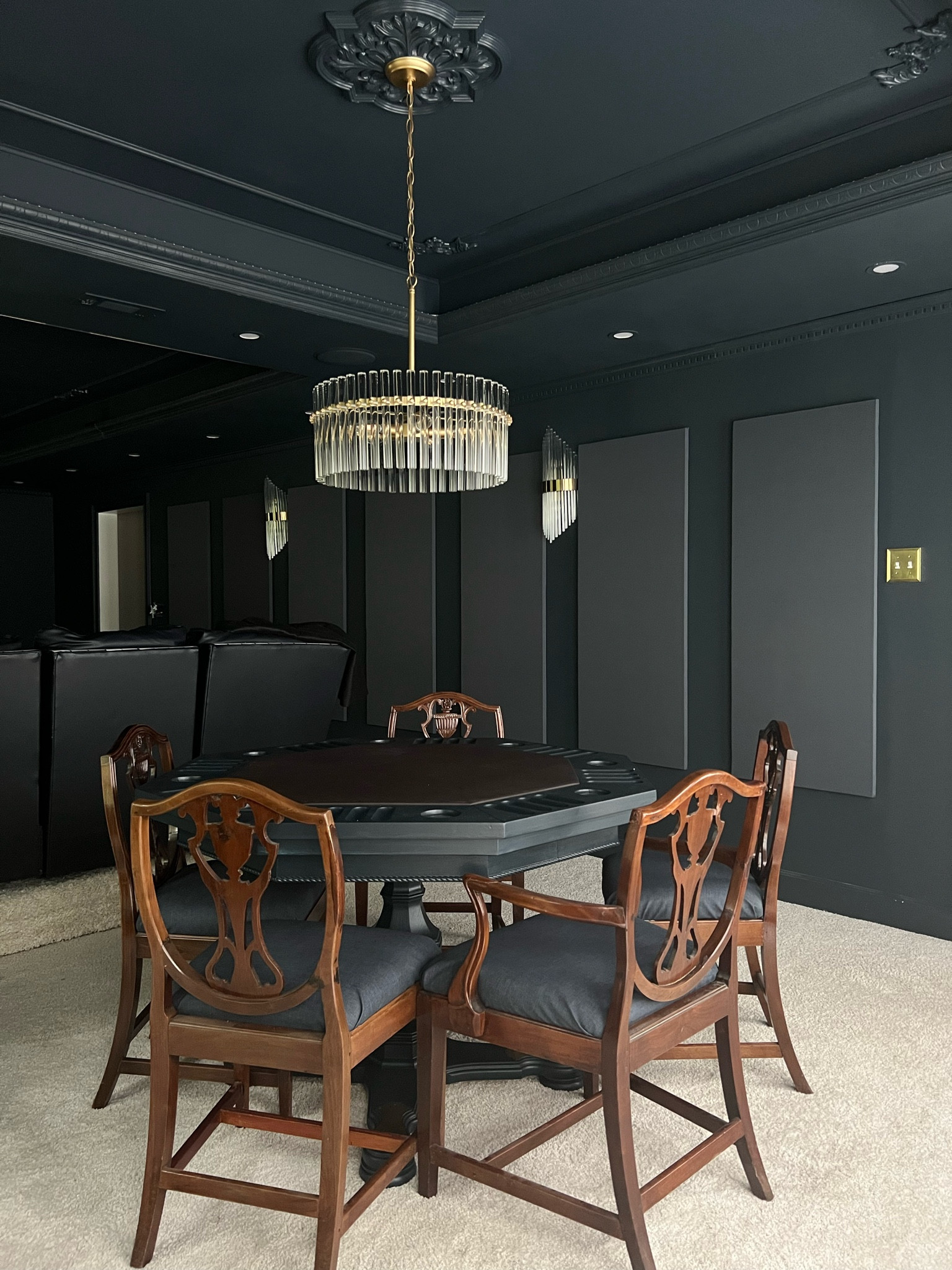 Basement home theater & game room with glass rod and brass chandelier and sconces. 

#LTKsalealert #LTKSale #LTKhome