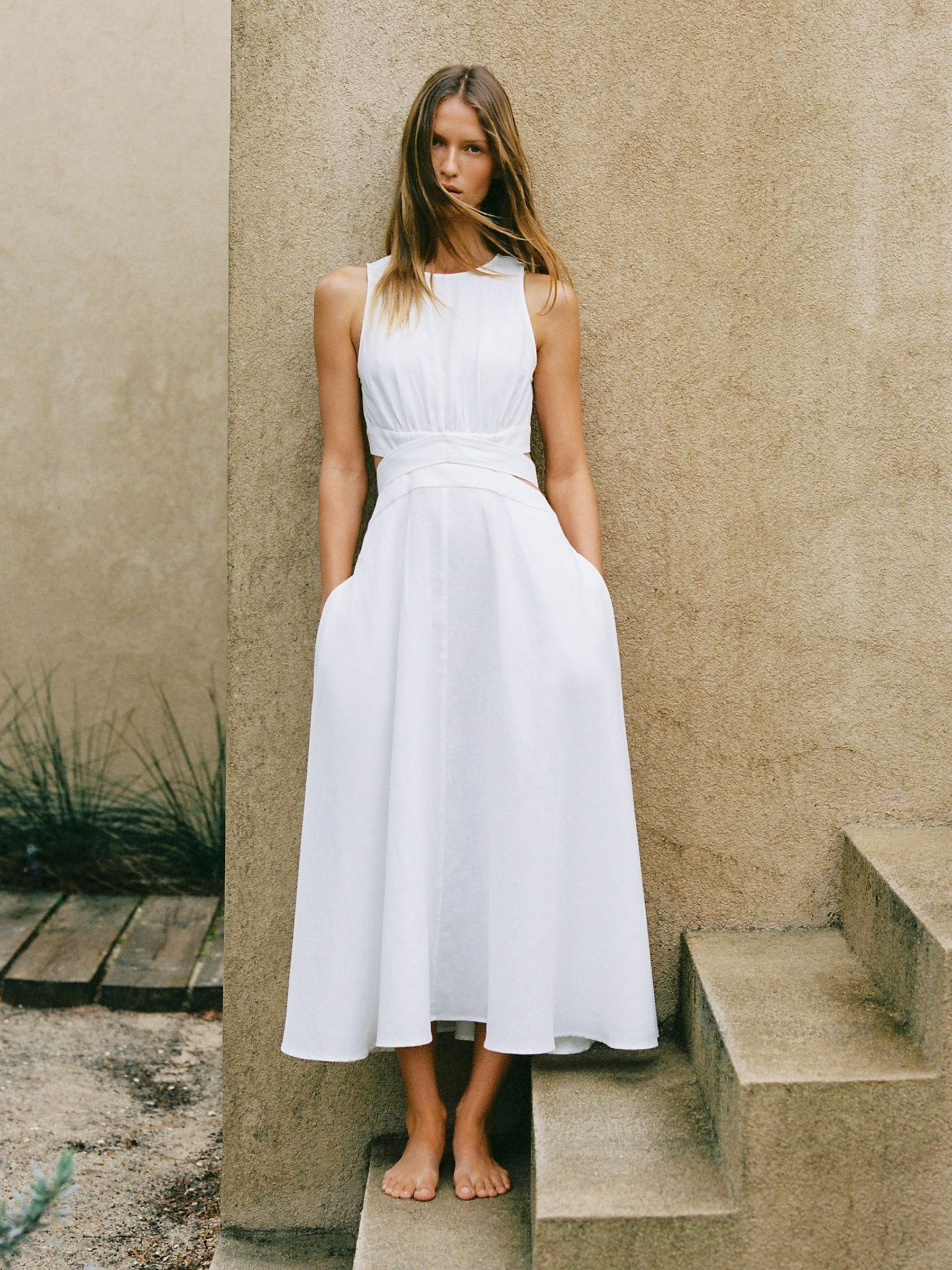 Linen-Cotton Cut-Out Midi Dress in Ivory | Reiss UK