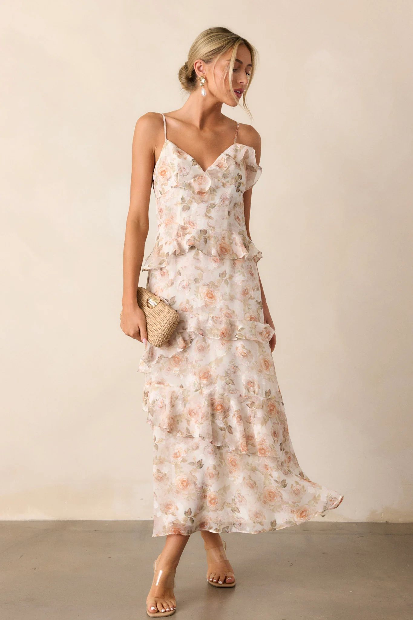 Searching For Love Ivory Floral Ruffle Midi Dress | Red Dress