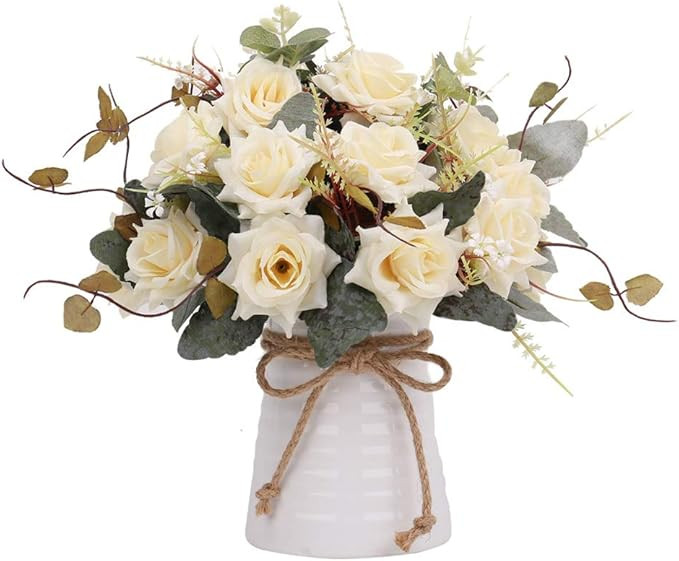 YILIYAJIA Artificial Flowers in Vase Silk Rose Flower Arrangements Fake Faux Flowers Bouquets wit... | Amazon (US)