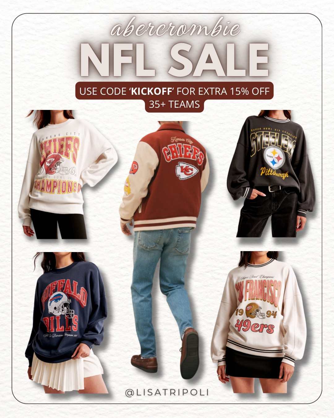NFL at Abercrombie, use stackable code KICKOFF for extra 15% off….total 35% OFF!

#LTKNFL #FOOTBALL #SWIFTIES#LTKFallSale 

#LTKSeasonal #LTKSaleAlert