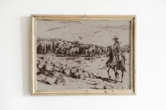 cowboy with cattle | digital vintage drawing | printable southwestern art | sepia desert landscap... | Etsy (US)