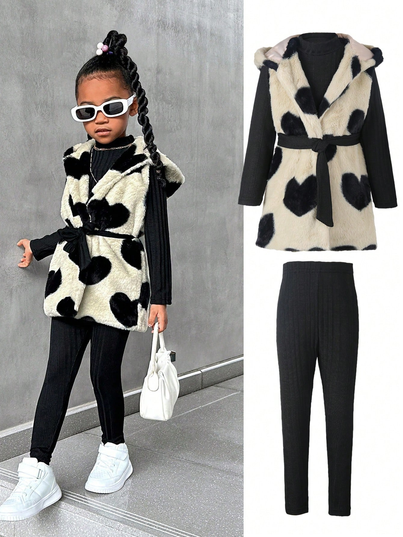 SHEIN Streecool Kids Young Girl 3pcs Casual Fashion Street Style Furry Hooded Vest, Turtleneck So... | SHEIN
