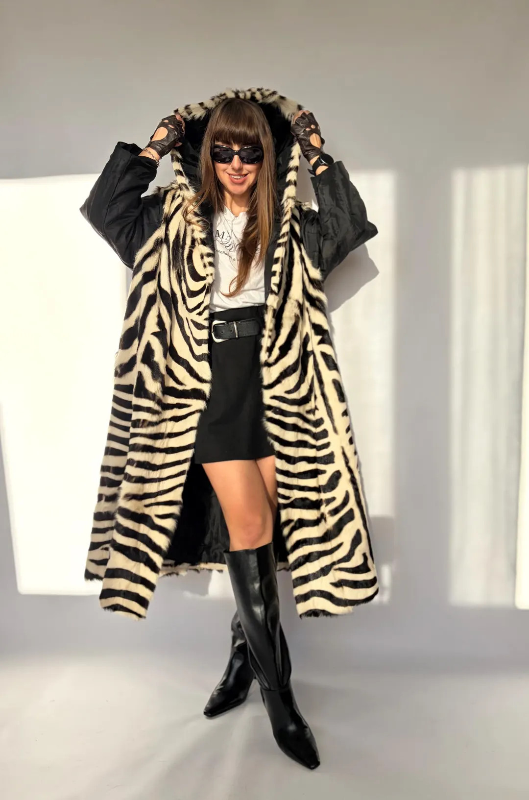 Vintage real fur coat natural rabbit hooded zebra print long patched black L XL full length overs... | Etsy (US)