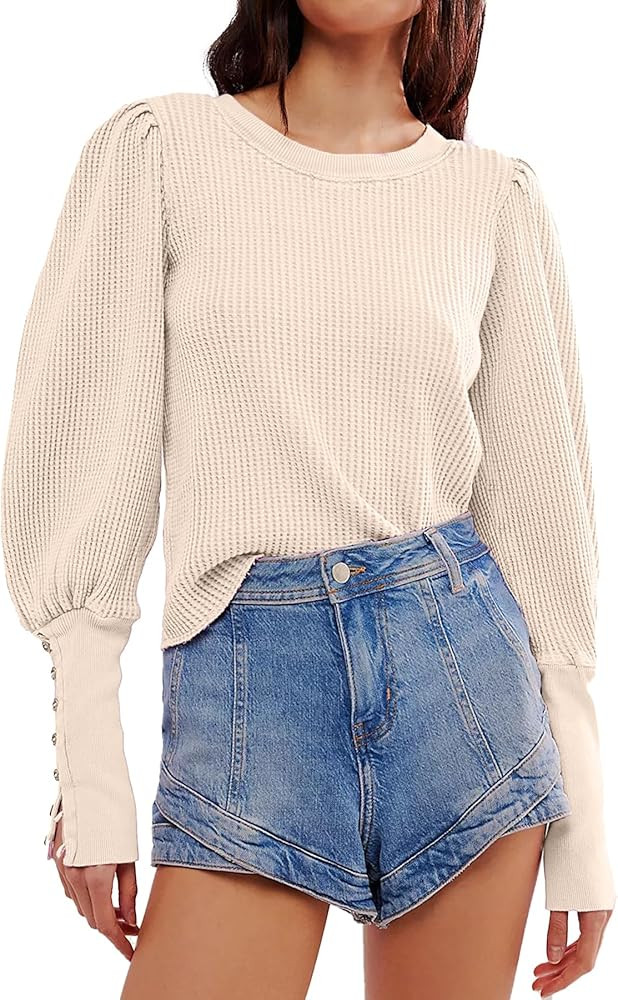 Waffle Knit Puff Long Sleeve Tops Crew Neck Sweatshirt Pullover Thermal Top | Amazon (US)