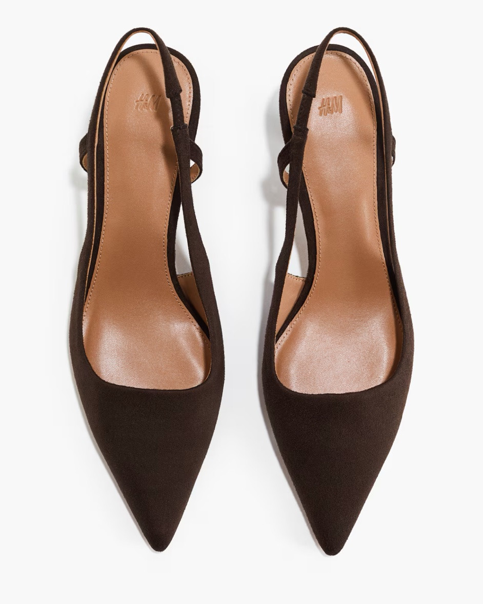 Chocolate brown suede pointed toe sling back heels

#LTKSeasonal