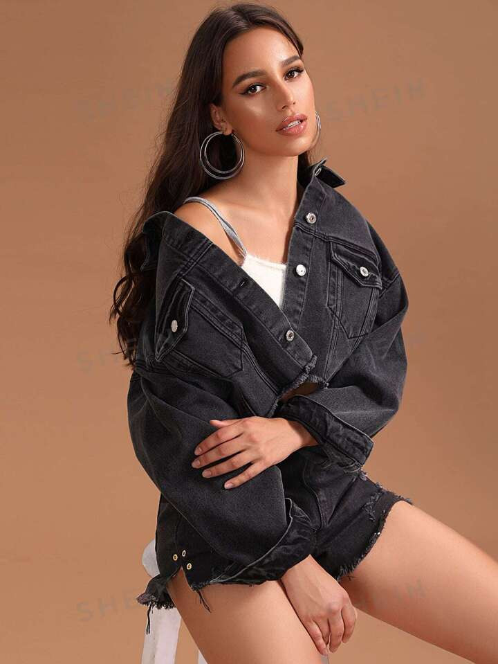 SHEIN Essnce Solid Raw Hem Drop Shoulder Denim Jacket | SHEIN