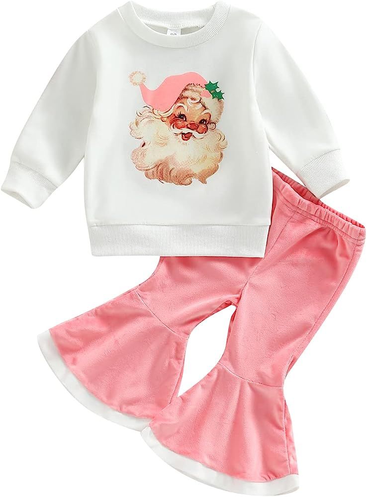 Gueuusu Toddler Baby Girl My 1st Christmas Outfit Santa Baby Long Sleeve Sweatshirt Flared Rib Pa... | Amazon (US)