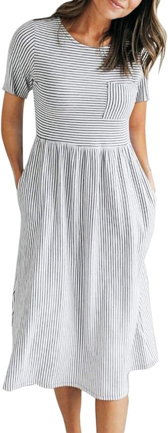 MEROKEETY Women's 3/4 Balloon Sleeve Striped High Waist T Shirt Midi Dress with Pockets | Amazon (US)