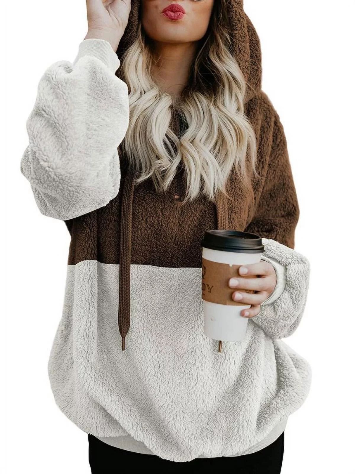 Womens Oversized Warm Fuzzy Hoodies Cozy Loose Zipper Pullover Hooded Sweatshirt Outwear with Poc... | Walmart (US)