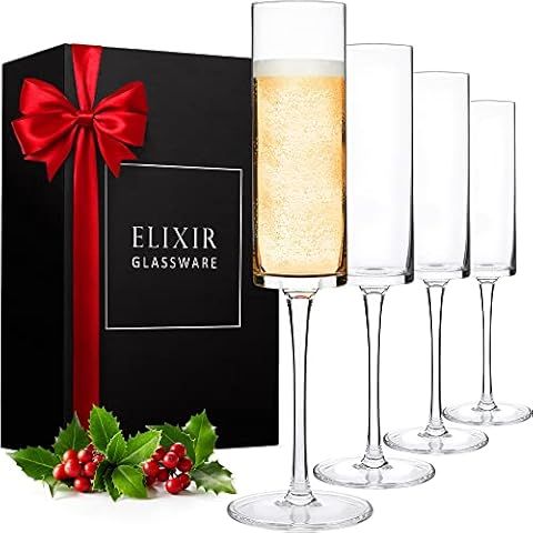 Amazon.com | ELIXIR GLASSWARE Classy Champagne Flutes - Hand Blown Crystal Champagne Glasses - Se... | Amazon (US)