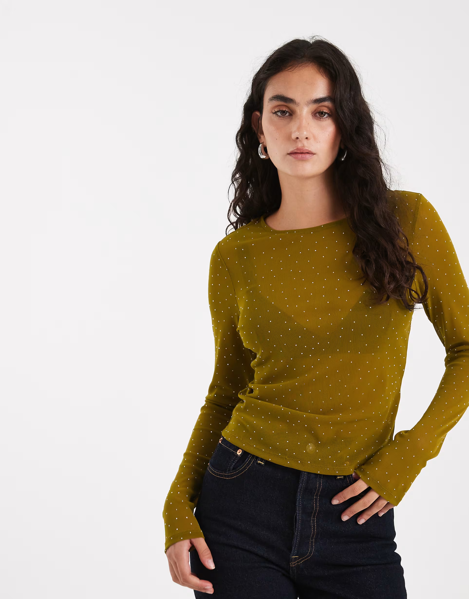 ASOS DESIGN textured mesh hotfix long sleeve top in olive | ASOS | ASOS (Global)