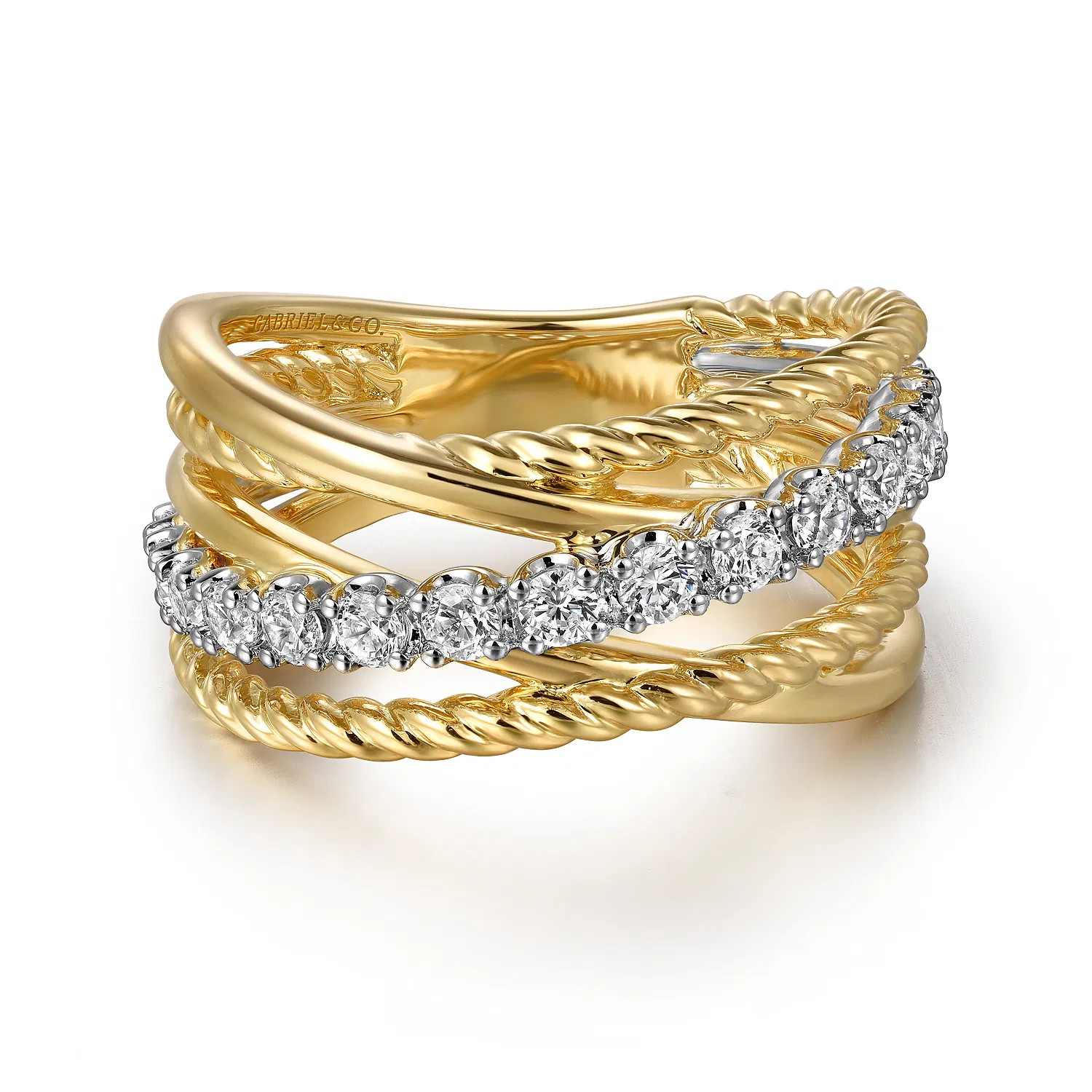 14K White and Yellow Gold Diamond Rope Twisted Ladies Ring | Gabriel & Co. Fine Jewelry And Bridal