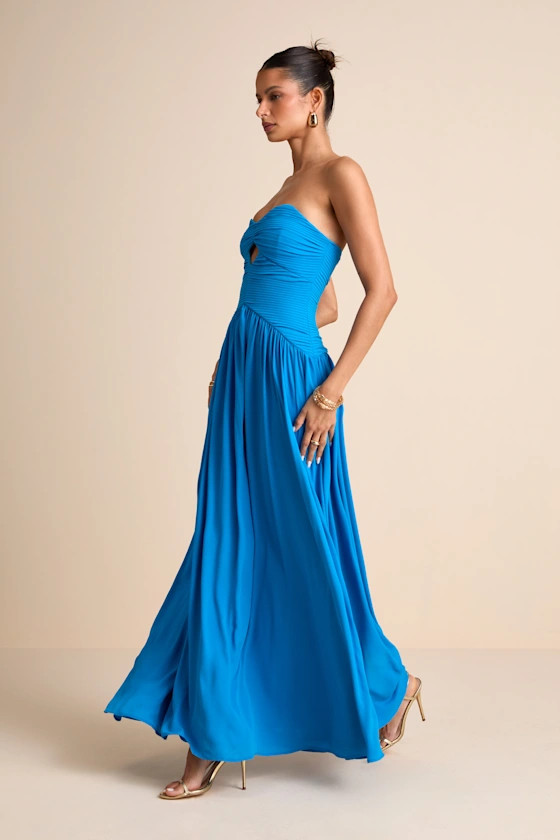 Rozala Bright Blue Pleated Strapless Maxi Dress | Lulus