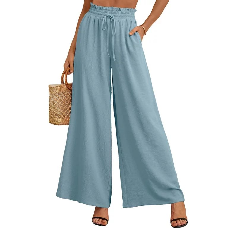 SHOWMALL Women's Pants Casual Elastic Waist Wide Leg Pants Blue Gray S Palazzo Pants with Pockets | Walmart (US)