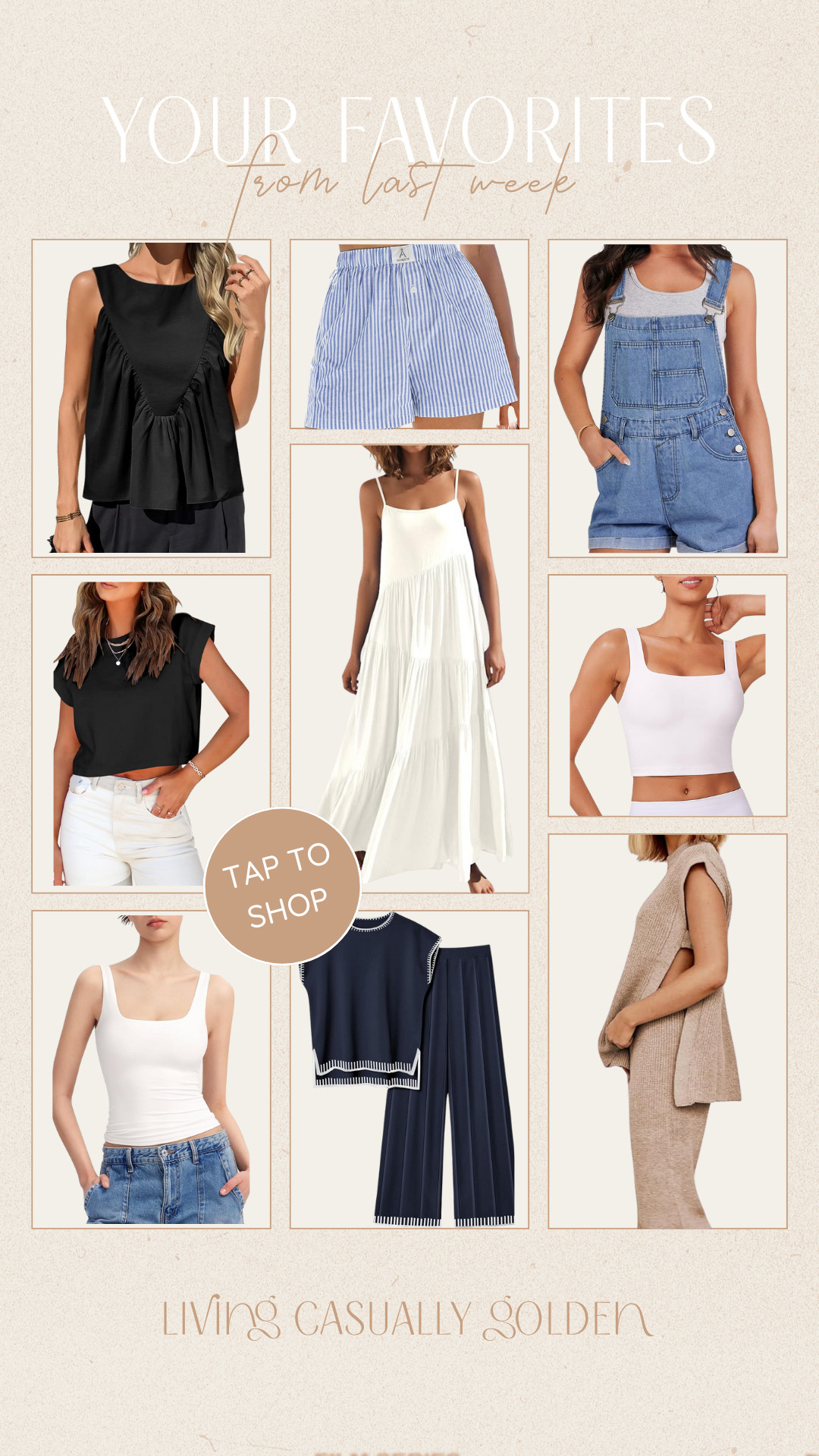 Best sellers and your favorites from last week | All everyday comfy staples for me as a mom of two. Sizing: Wearing S in black tank, overalls, black tee, white dress + wearing M in boxer shorts, sports bra tank, white double lined tank, navy matching set and cream set. 

 

#LTKFindsUnder50 #LTKFindsUnder100