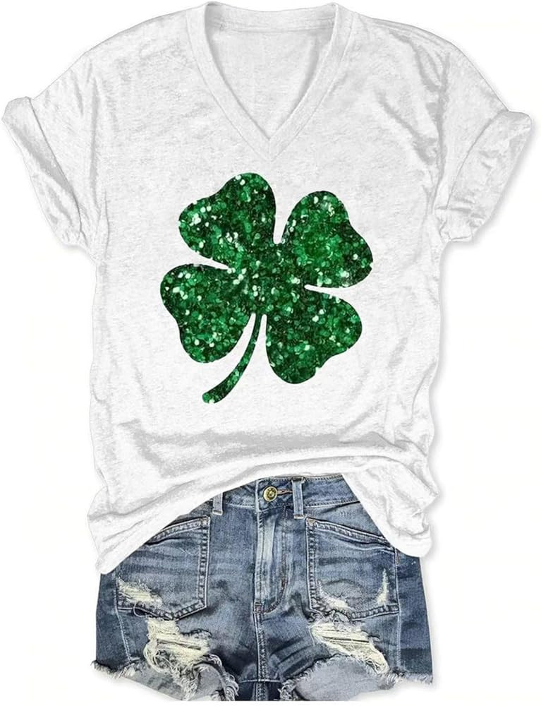 Butovek Womens St Patricks Day V Neck Shirt Funny Lucky Irish Shamrock Graphic Short Sleeve Tops ... | Amazon (US)