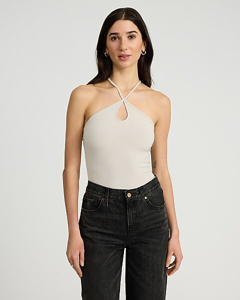 Ribbed Halter Keyhole Sleeveless Bodysuit | Express