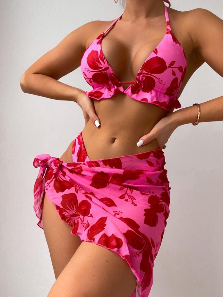 3pack Floral Print Halter Bikini Swimsuit & Beach Skirt | SHEIN