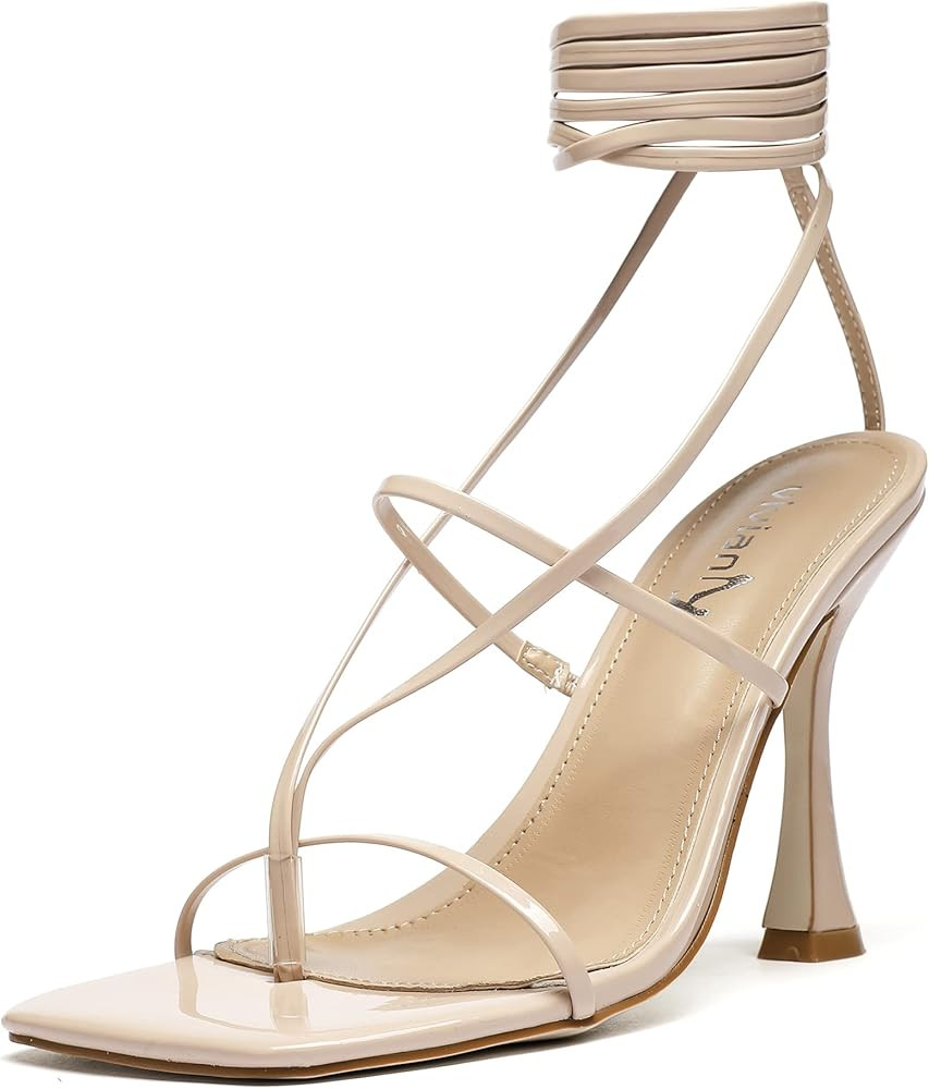 vivianly Women's Strappy Lace Up Thong Heels Sandals Square Open Toe Stiletto High Heel Wedding D... | Amazon (US)