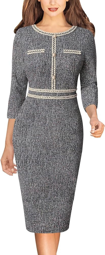 VFSHOW Womens Button Crew Neck Slim Wear to Work Office Party Bodycon Pencil Dress | Amazon (US)