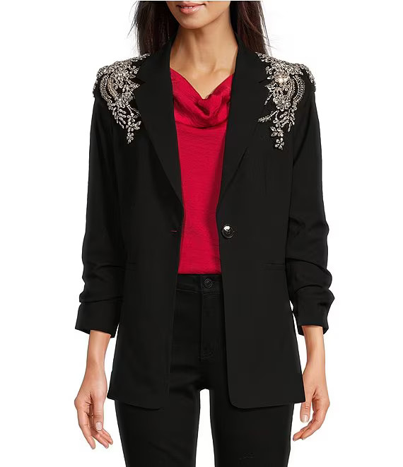 Notch Lapel Collar Ruched Sleeve Embellished Long Blazer | Dillard's