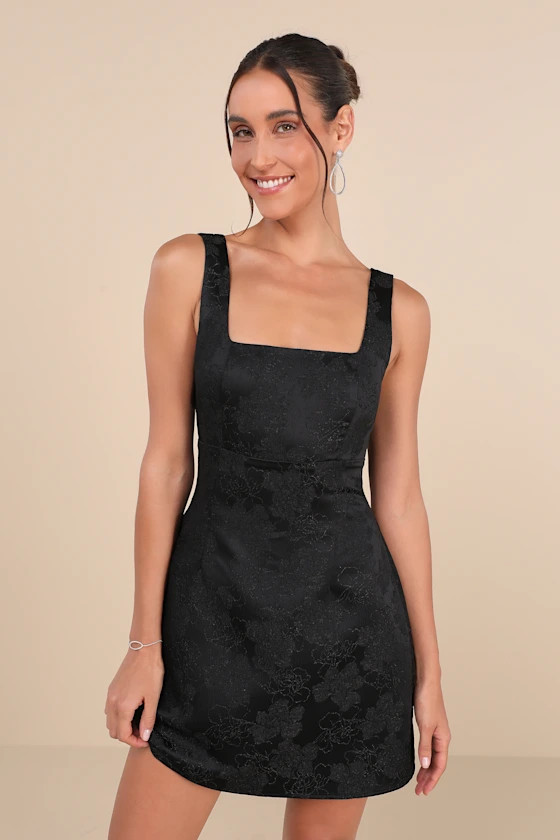 Perfectly Flirtatious Black Floral Jacquard Tie-Back Mini Dress | Lulus