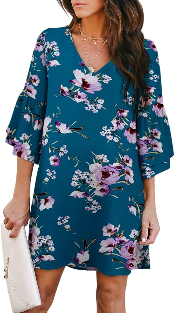 BELONGSCI Women's 2023 Summer Dress Sweet & Cute V-Neck Bell Sleeve Shift Dress Mini Dress, Perfe... | Amazon (US)
