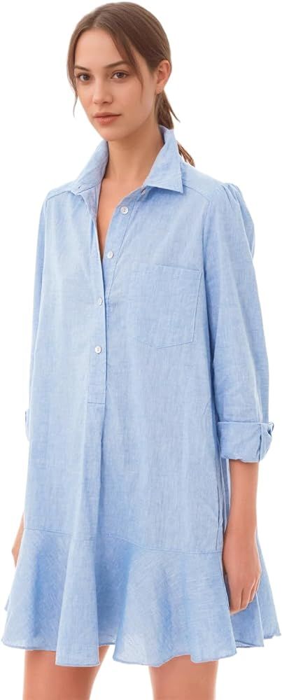 Haellun Women' s Button Down Shirt Mini Dress Tunic Long Sleeve Loose Fit Flowy Ruffle Hem Shift ... | Amazon (US)