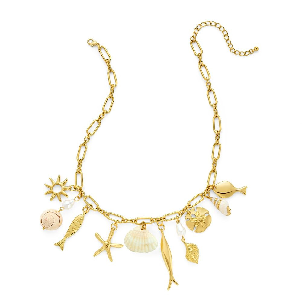 Charm Necklaces for Women Gold Starfish Fish Shell Necklace Sun Pearl Seashell Charms Necklace Be... | Amazon (US)