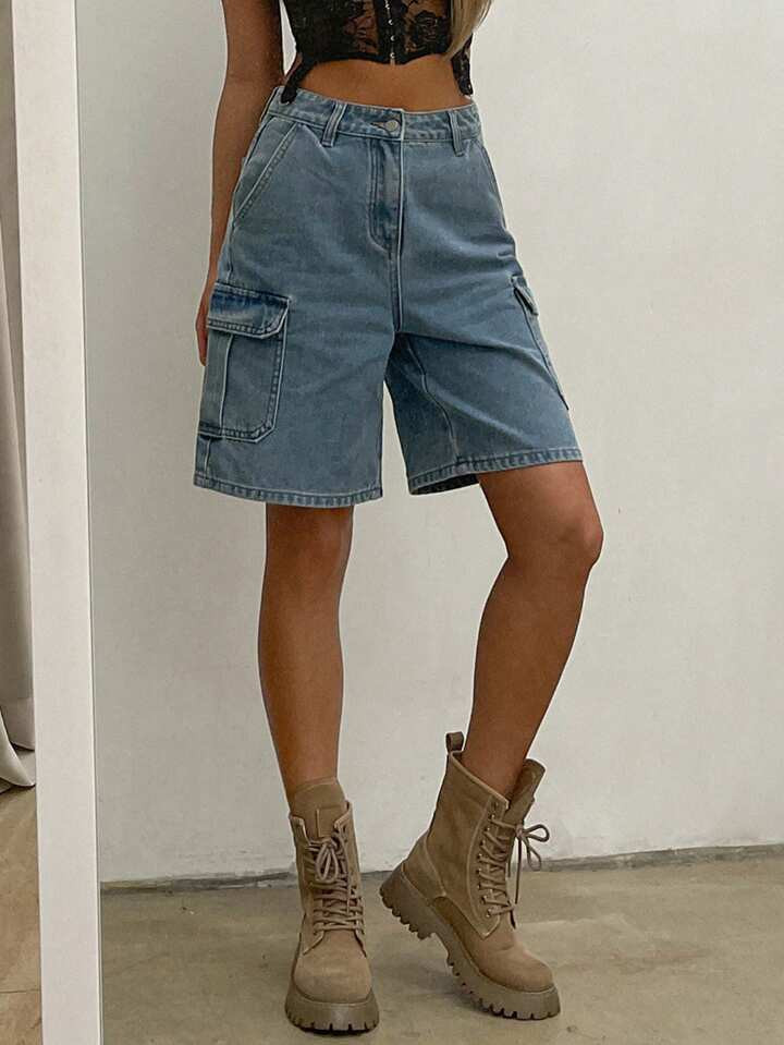 DAZY Casual denim shorts met werkkleding en zak voor dames | SHEIN  Nederland | SHEIN