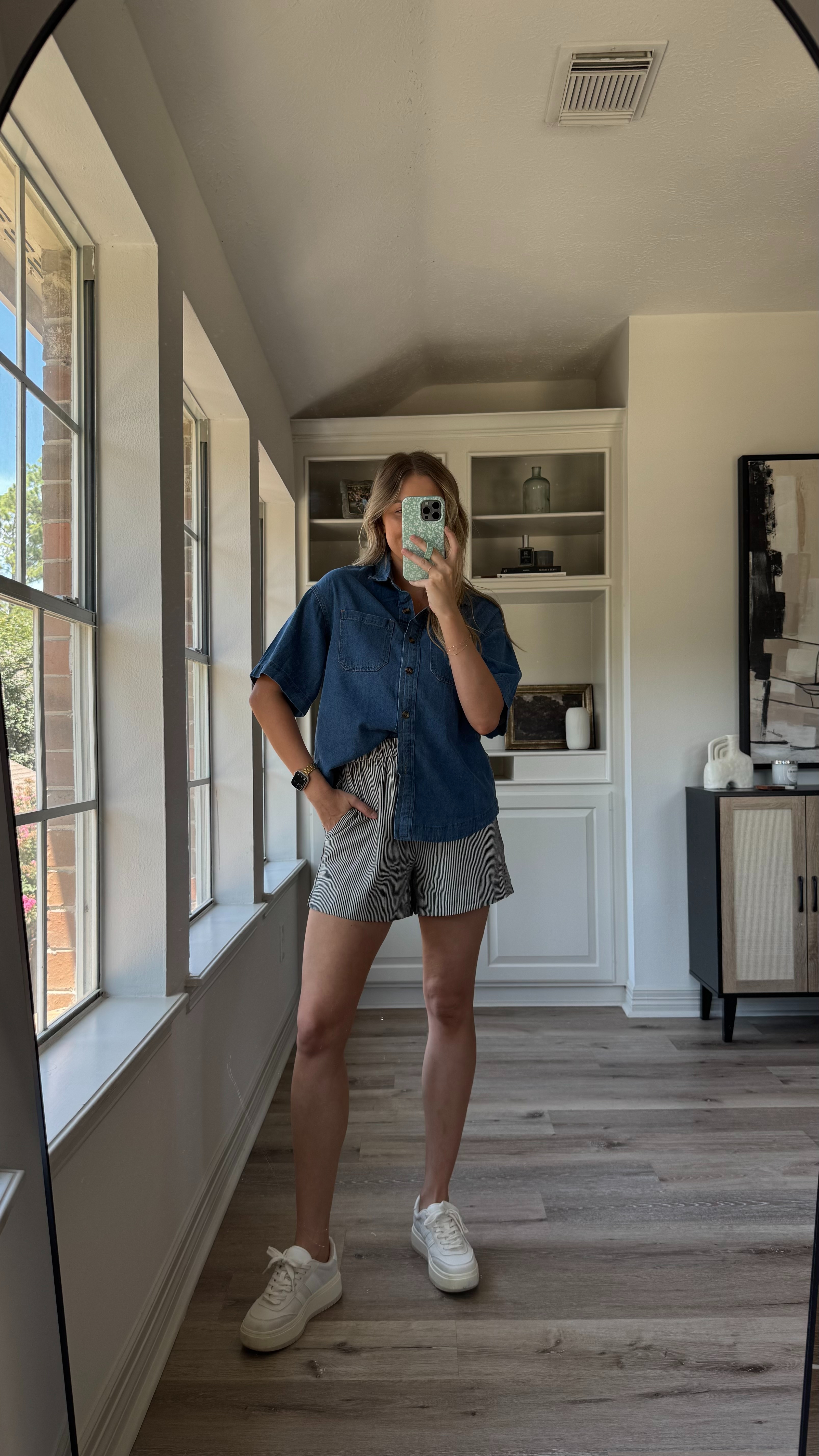Casual summer outfit | I love a denim shirt, and this is obviously nursing friendly! These boxer shorts are super comfy and postpartum friendly. Size S in the top, and M in shorts, sneakers tts.  

 #LTKSeasonal #LTKStyleTip #LTKShoeCrush