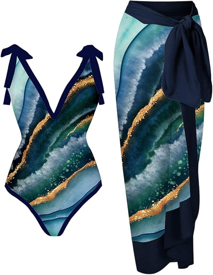 Bikini Set 2 Piece Summer 2023 One Piece Bathing Suit with Bikini Maxi Wrap Skirts Boho Swimsuit ... | Amazon (US)