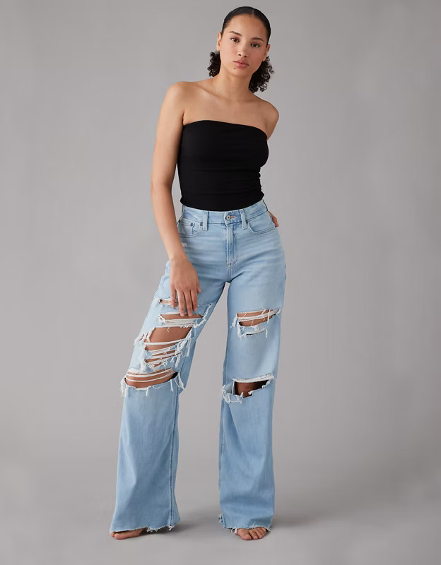 AE Dreamy Drape Stretch Curvy Super High-Waisted Ripped Baggy Wide-Leg Jean | American Eagle Outfitters (US & CA)
