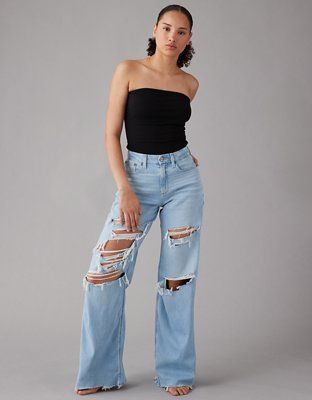 AE Dreamy Drape Stretch Curvy Super High-Waisted Ripped Baggy Wide-Leg Jean | American Eagle Outfitters (US & CA)