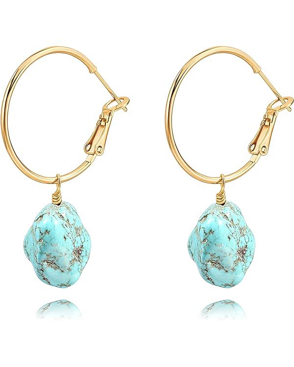 Gold Huggie Hoop Drop Dangle Earrings Turquoise Beads Gemstone Earrings Boho Handmade Lightweight... | Amazon (US)