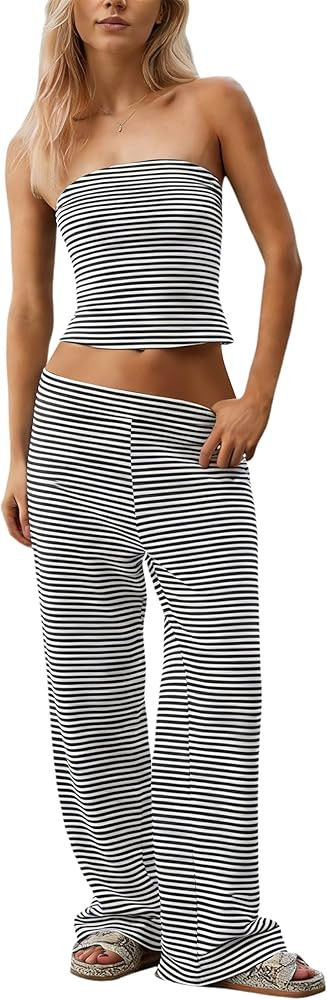 MSBESYOR Women Sailor Tube Top Set 2 Piece Outfits Striped Strapless Bandeau Low Waist Wide-Leg P... | Amazon (US)