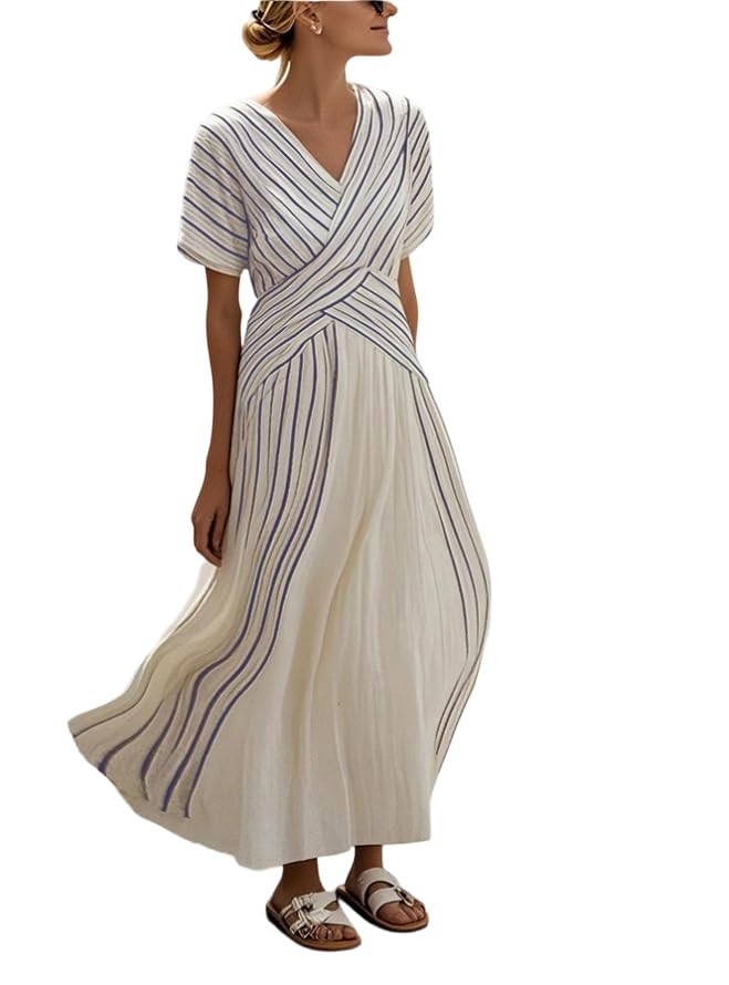 Women's Striped Wrap Maxi Dress - V Neck Short Sleeve Crisscross Waist Flowy Dress for Summer Casual | Amazon (US)