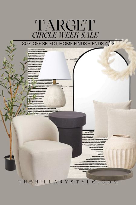 Target Circle Week: Select Home Decor and furniture 30-50% off with Target’s Circle Week Sale. Velvet accent chair, black accent table, ceramic table lamp, indoor/outdoor area rug, black arch mirror, ceramic vase, throw pillows, faux plant.

#LTKhome #LTKxTarget #LTKstyletip