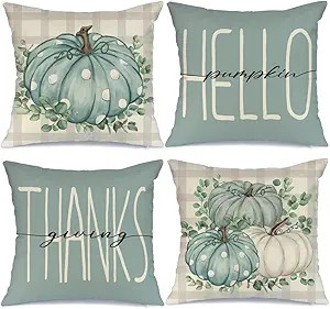 Fall Pillow Covers 18x18 Set of 4 Buffalo Plaid Eucalyptus Leaves Polka Dots White and Blue Pumpk... | Amazon (US)