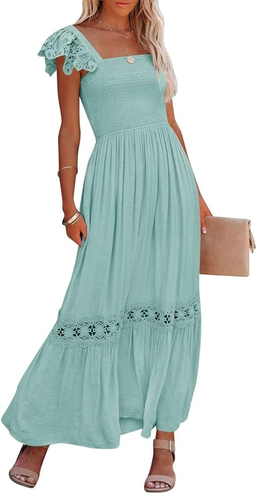 ZESICA Women's 2024 Summer Lace Strap Sleeveless Square Neck Smocked High Waist Ruffle Hollow Out... | Amazon (US)