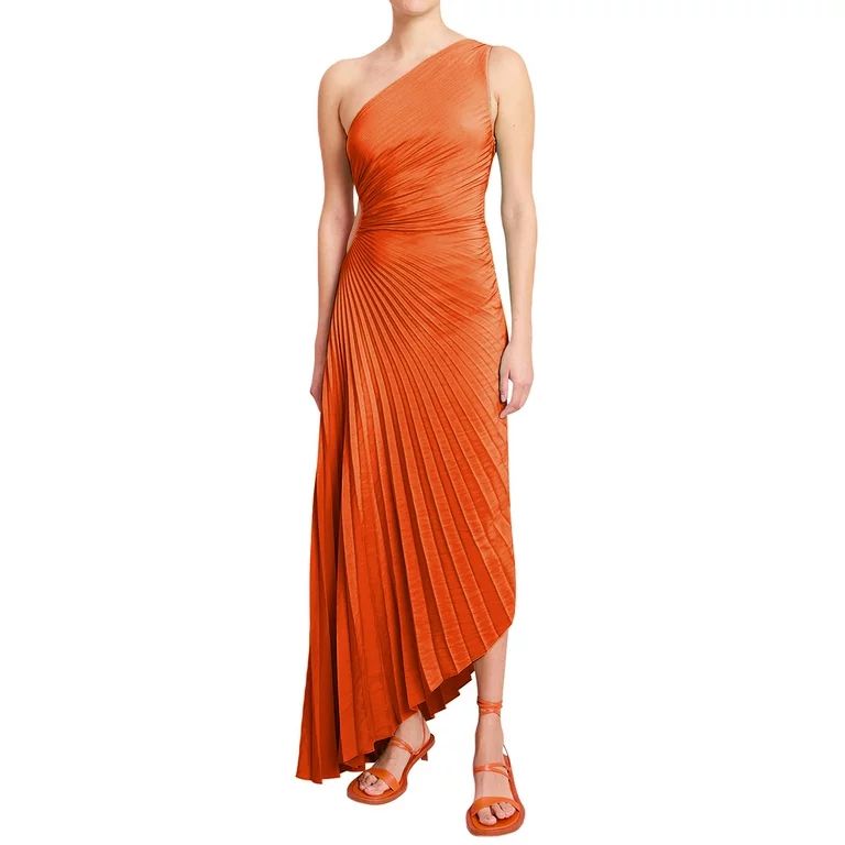 Women One Shoulder Sleeveless Cut Out Dress Sexy Maxi Smocked High Waist Flowy Pleated Bodycon Go... | Walmart (US)