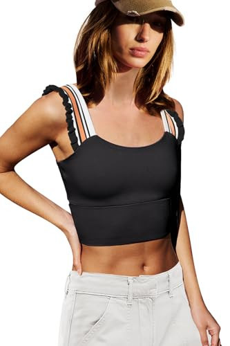 LAMISSCHE Womens Cropped Workout Tank Tops Padded Sports Bra Time Out Tank Ruffle Athletic Yoga Gym Camisole Tops(Black,XS) | Amazon (US)