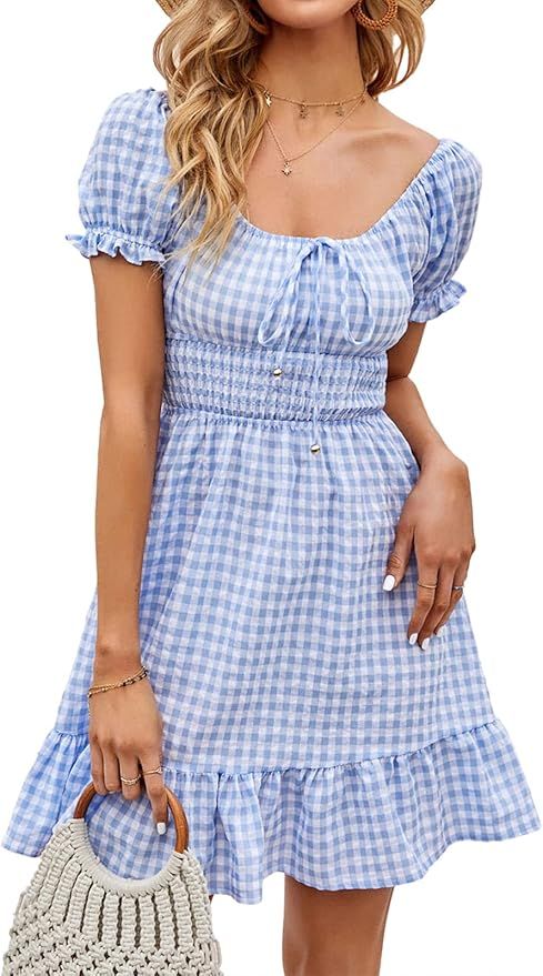 FARORO Smocked Dresses for Women Lantern Sleeve Boho Floral Sundress Ruffled Off Shoulder A-Line ... | Amazon (US)