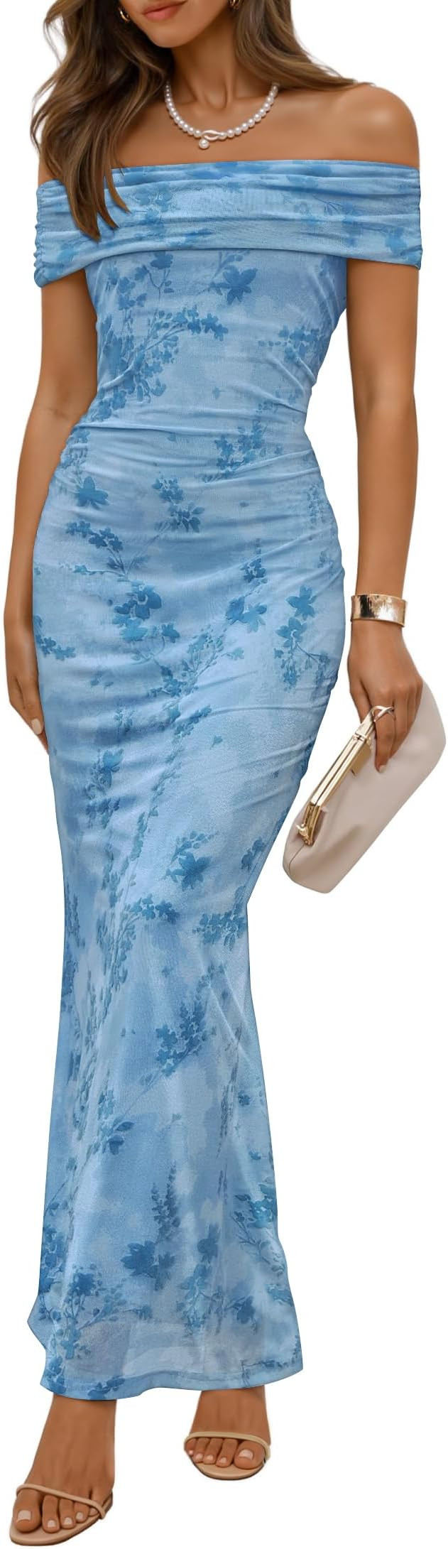 ZESICA Women's Summer Off Shoulder Floral Bodycon Maxi Dress 2026 Ruched Elegant Formal Cocktail ... | Amazon (US)