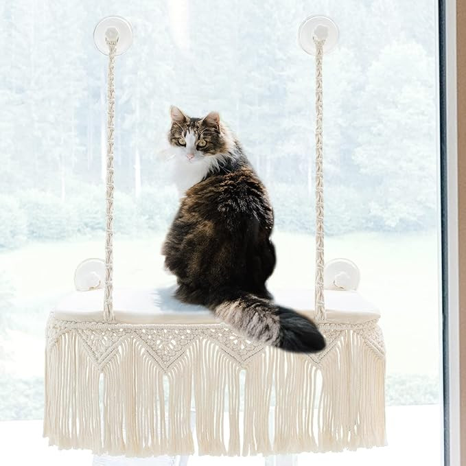 Dahey Macrame Cat Window Perch Boho Cat Hammock Wall Mounted Pet Resting Seat Bed for Indoor Cats... | Amazon (US)