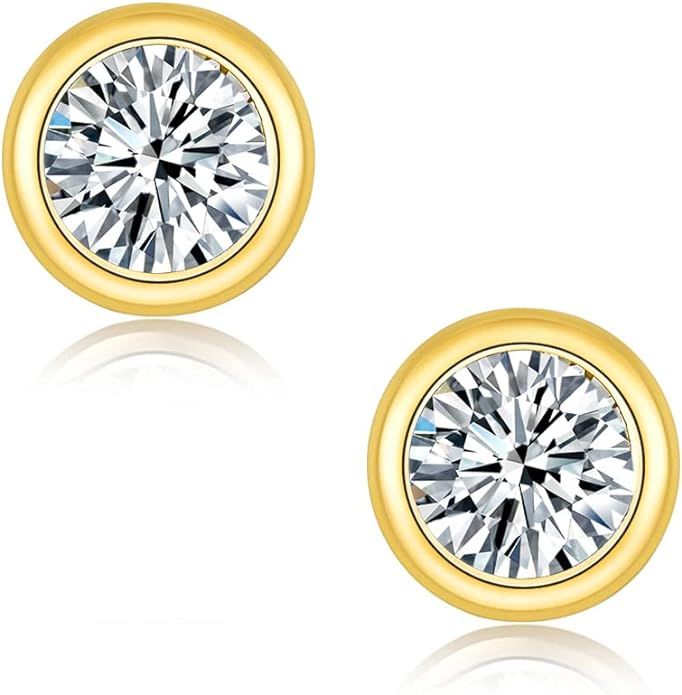 Moissanite Diamond Earrings for Women 925 Sterling Silver Bezel Set Round Studs Topfook Jewelry. | Amazon (US)